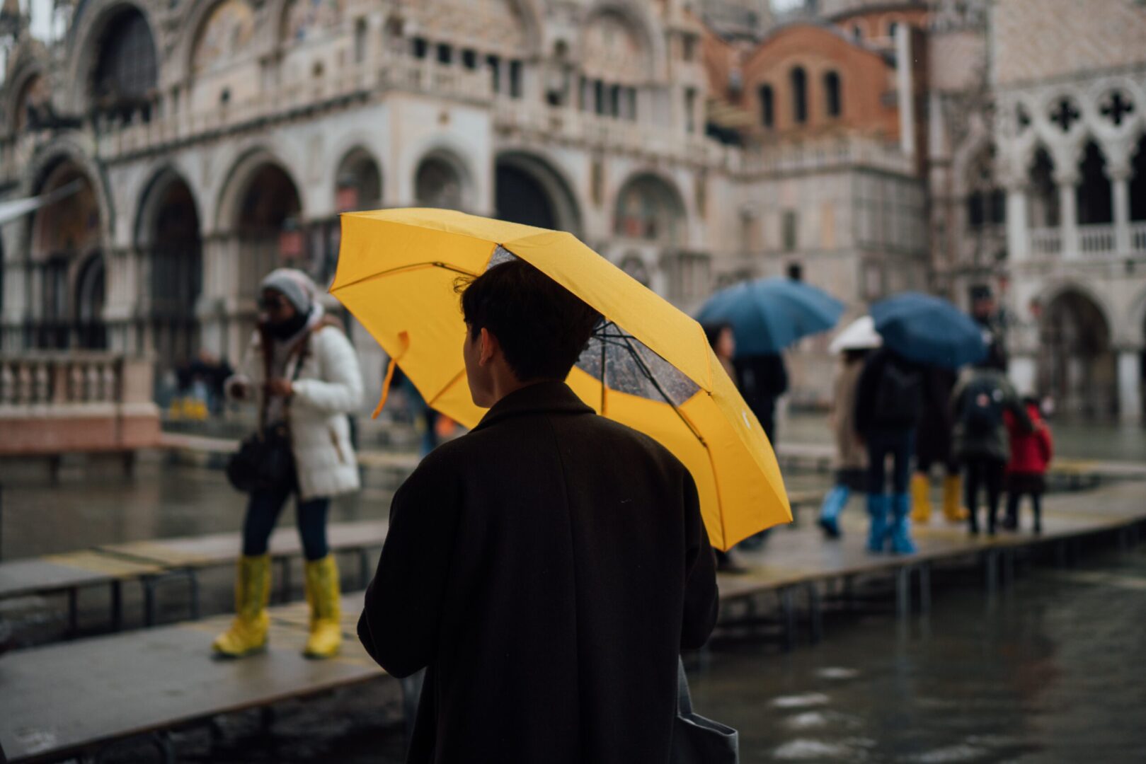 using an umbrella in the rain