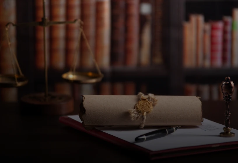 Legal document with scales in background